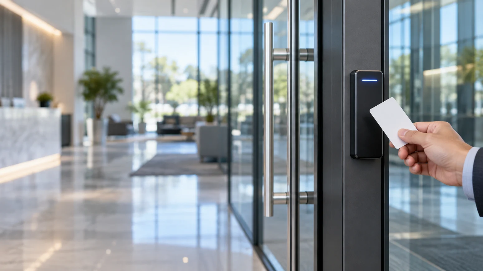 Modern glass office lobby with a secure credential access reader