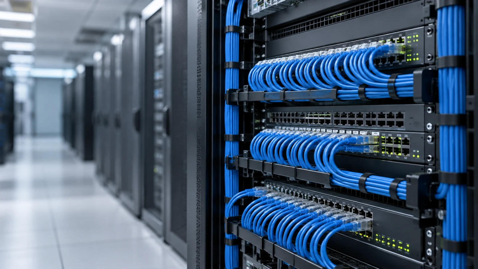 Professionally arranged blue data cabling and switches in a modern server room