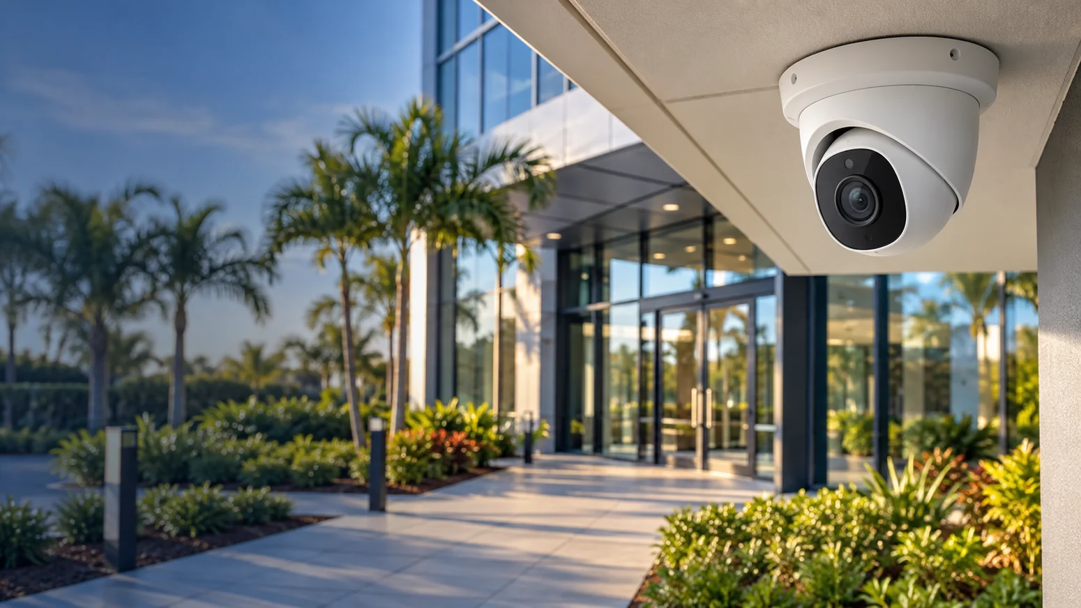 Contemporary Florida commercial building with discreet professional surveillance camera